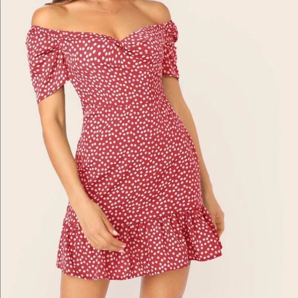 ✿ Red Floral Off the Shoulder Dress ✿